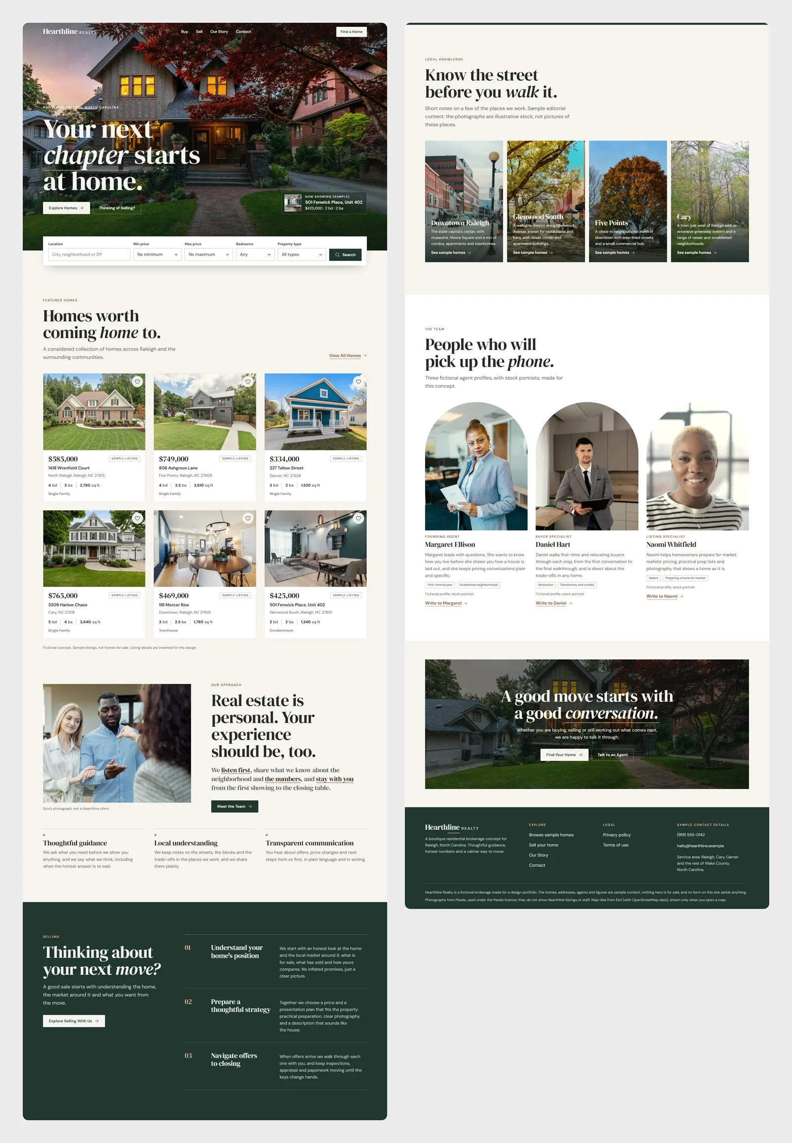Hearthline Realty (concept project) whole home page, in columns