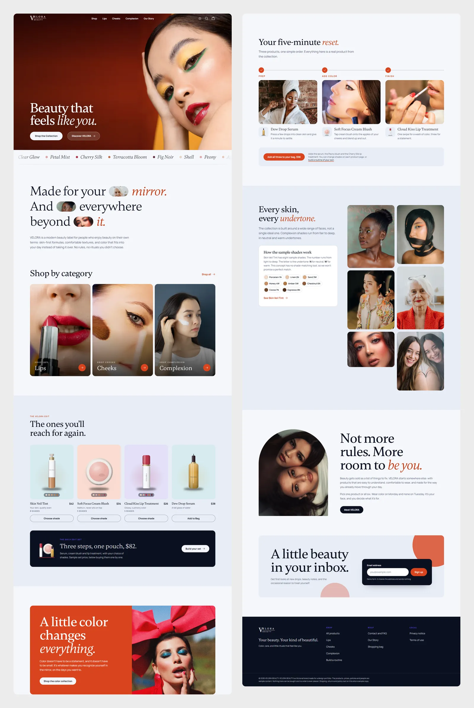 Velora Beauty (concept project) whole home page, in columns